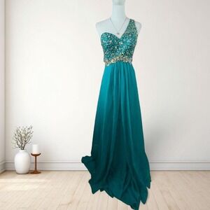 Y2K emerald green beaded one shoulder prom dress
